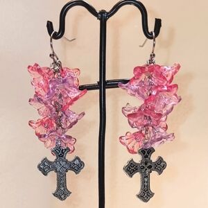 HANDMADE Pink & Purple Flowers w/ Gothic Cross Charms Beaded Dangle Earrings